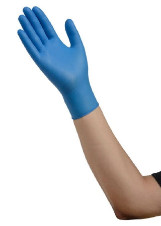 ESTEEM™ Tru-Blu™ 1094722_CS, Nitrile Exam Glove, Medium, Standard Cuff, Blue, Chemo Tested  on a person's hand against a white background