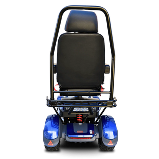 Black mobility scooter with blue wheels on a white background