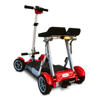 Red and black scooter with a seat on a white background