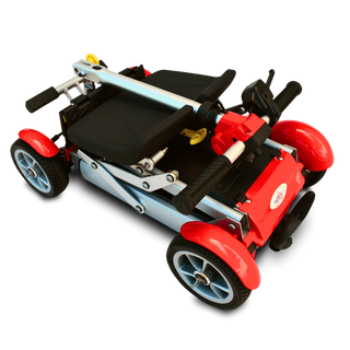 Toy car with red wheels and black frame on a white background