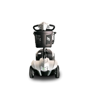 White mobility scooter with black handlebar on a white background