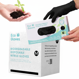 Eco Gloves Biodegradable Nitrile Gloves in black shown with the shipping carton and a hand holding soil