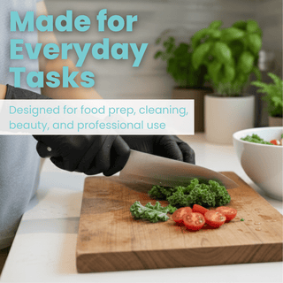 Lifestyle graphic showing black Eco Gloves Biodegradable Nitrile Gloves worn while chopping vegetables