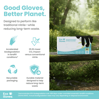 Environmental claims graphic with a black Eco Gloves Biodegradable Nitrile Gloves box in a forest setting