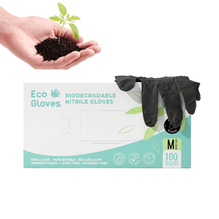Eco Gloves Biodegradable Nitrile Gloves box in black beside a hand holding soil and a seedling