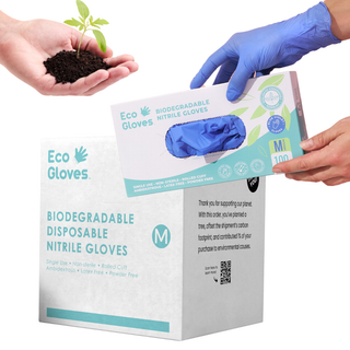 Eco Gloves Biodegradable Nitrile Gloves in blue violet shown with the shipping carton and a hand holding soil