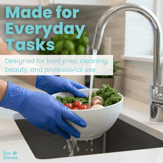 Lifestyle graphic showing blue violet Eco Gloves Biodegradable Nitrile Gloves worn while washing vegetables