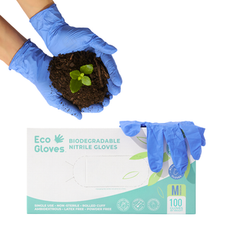 Eco Gloves Biodegradable Nitrile Gloves box in blue violet beside gloved hands holding soil and a seedling