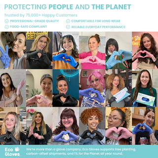 Customer photo collage in an Eco Gloves brand panel about product quality and environmental commitments