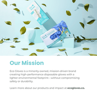 Eco Gloves brand mission panel shown with a floating glove box and leaves
