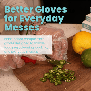 Lifestyle graphic showing clear Eco Gloves compostable gloves worn while preparing food