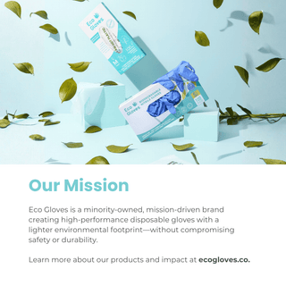 Eco Gloves brand mission panel shown with a floating glove box and leaves