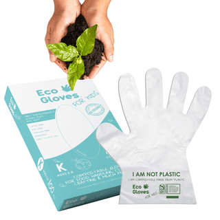 Eco Gloves Kids Youth-Size Compostable Gloves box beside a hand holding soil and a seedling
