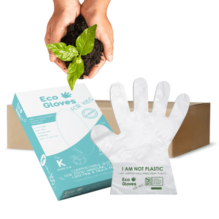 Eco Gloves Kids Youth-Size Compostable Gloves shown with the shipping carton