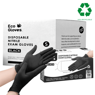 Eco Gloves Nitrile Exam Gloves case pack shown with an open carton and a gloved hand