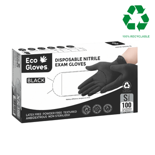 Eco Gloves Nitrile Exam Gloves box in black shown with a gloved hand and a recyclable mark