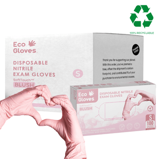 Eco Gloves SoftTouch BLUSH Nitrile Exam Gloves case pack shown with the carton and gloved hands