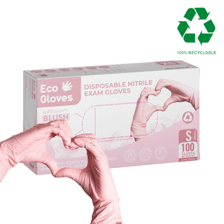 Eco Gloves SoftTouch BLUSH Nitrile Exam Gloves box shown with gloved hands
