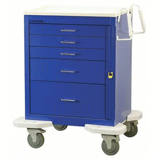 Blue medical cart with drawers on a white background