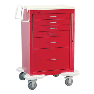 Red medical cabinet with multiple drawers on a white background