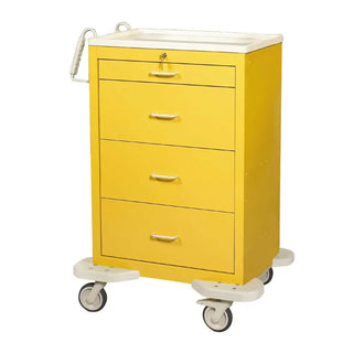 Yellow medical cart with three drawers on a white background
