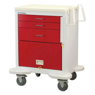 Medical cart with red drawers and white top on a white background