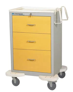 Yellow medical cabinet with three drawers on wheels, featuring Lakeside branding.