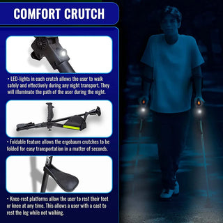 Comfort crutch with LED lights and foldable feature, shown with a person using it.