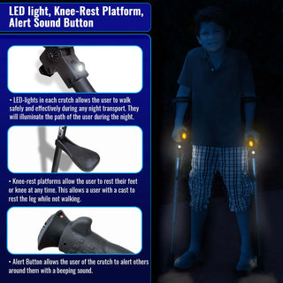 Person using a crutch with LED lights, knee-rest platform, and alert sound button in a dark setting.