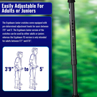Ergobaum Junior crutch with adjustable length information on a blue background