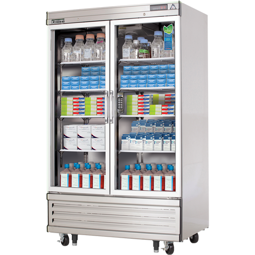 Everest EBGR2-LAB double glass door lab refrigerator 33 cu.ft. stocked shelves on a white background