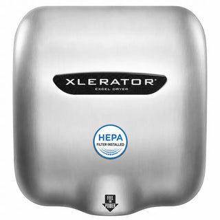 Brushed stainless steel Excel Dryer XL-SB-H XLERATOR hand dryer with integrated HEPA filtration, touchless sensor activation, fast hand drying performance, and surface-mounted commercial design.