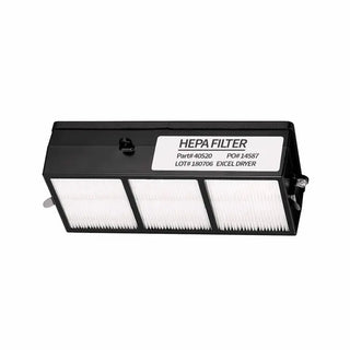 Excel Dryer 40520 Electrostatic HEPA replacement filter designed for XLERATOR and XLERATOReco hand dryers. Rectangular high efficiency filter with integrated metal mesh pre filter used to remove airborne contaminants and maintain clean airflow inside commercial hand drying systems.