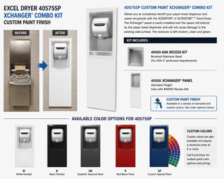 Excel Dryer 40575SP XChanger Combo Kit with custom paint finish featuring a recessed retrofit panel designed to replace paper towel dispenser openings and prepare walls for XLERATOR or XLERATOReco hand dryer installations.
