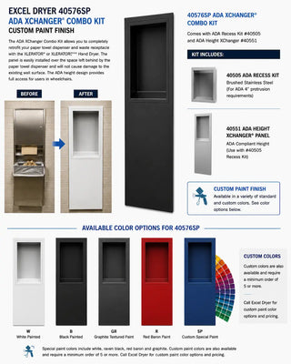 Excel Dryer 40576SP ADA XChanger Combo Kit with custom paint finish featuring an ADA height recessed retrofit panel designed to convert paper towel dispenser openings for XLERATOR or XLERATOReco hand dryer installations.
