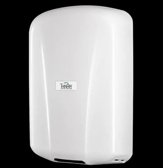 Excel Dryer TA-ABS-H ThinAir HEPA hand dryer with white ABS polymer cover, automatic sensor activation, ADA-compliant design, and surface-mounted installation.