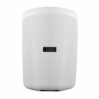 Excel Dryer TA-ABS ThinAir hand dryer featuring a white ABS polymer cover with an ultra slim profile,surface mounted ADA compliant design,and automatic sensor activation. The compact high speed unit offers a clean modern appearance while providing energy efficient hand drying for commercial restroom environments.