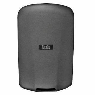 Excel Dryer TA-GR ThinAir hand dryer featuring a graphite textured painted cover with an ultra slim profile,surface mounted ADA compliant design,and automatic sensor activation. The dark gray finish and compact low profile housing provide a modern commercial appearance while delivering efficient hand drying in high traffic restroom environments.