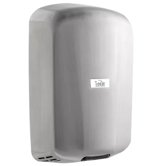Excel Dryer TA-SB-H ThinAir HEPA hand dryer featuring a brushed stainless steel finish, touchless activation, compact surface-mounted profile, and commercial restroom design.