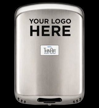Excel Dryer TA-SB-SI-H ThinAir hand dryer with custom image brushed stainless steel cover, installed HEPA filtration, touchless automatic sensor operation, and ADA-compliant surface-mounted design.
