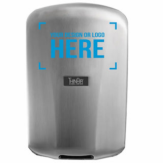 Excel Dryer ThinAir hand dryer with brushed stainless steel cover and custom logo area for personalized branding, designed for commercial restroom installations.