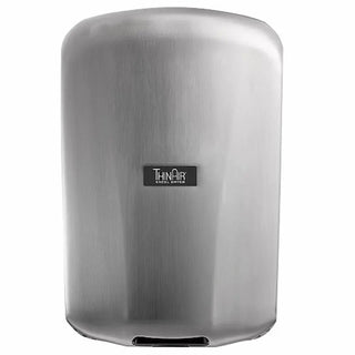Excel Dryer TA-SB ThinAir hand dryer featuring a brushed stainless steel cover with a satin metallic finish,ultra slim low profile housing,and surface mounted ADA compliant design. The automatic sensor activated unit offers a durable commercial grade appearance with clean modern lines for high traffic restroom environments.