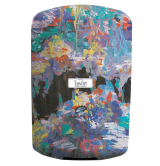 Excel Dryer TA-SI-H ThinAir hand dryer with installed HEPA filtration and a custom printed image cover. Surface-mounted unit featuring touchless automatic sensor operation and a personalized graphic design on the front panel.