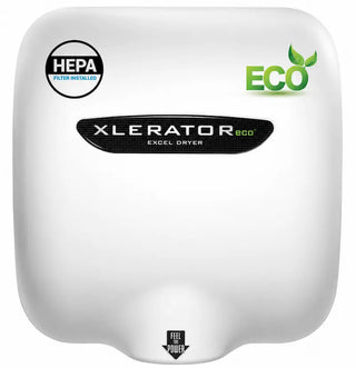 Excel Dryer XL-BW-ECO-H XLERATOR hand dryer featuring a white BMC cover with a smooth curved housing,surface mounted design,and integrated HEPA filtration system. The automatic sensor activated unit offers a clean professional appearance with energy efficient no heat technology for high traffic commercial restroom environments.