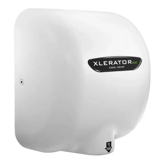 Excel Dryer XL-BW-ECO XLERATOReco high speed automatic hand dryer in white finish featuring a surface mounted design,500 watt energy efficient operation,and no heat technology for fast 10 second hand drying in commercial restrooms.
