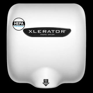 Excel Dryer XL-BW-H XLERATOR hand dryer with a white thermoset cover,curved surface mounted design,and factory installed HEPA filtration. The high speed automatic sensor operated unit features a clean commercial appearance,adjustable heat settings,and advanced air filtration for hygienic restroom environments.