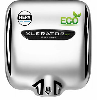 Excel Dryer XL-C-ECO-H Chrome Plated XLERATOR hand dryer featuring a polished chrome plated cover with a mirror like reflective finish,curved surface mounted housing,and integrated HEPA filtration system. The automatic sensor activated unit combines energy efficient no heat operation with a premium metallic appearance for upscale commercial restroom environments.