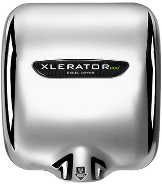 Excel Dryer XL-C-ECO XLERATOReco hand dryer featuring a polished chrome plated cover with a mirror-like reflective finish,curved wall mounted housing,and automatic sensor activation. The sleek metallic design provides a premium appearance while delivering high speed no heat hand drying for commercial restroom environments.