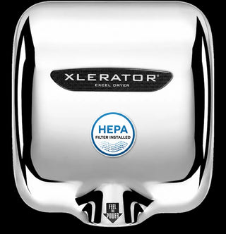 Excel Dryer XL-C-H XLERATOR hand dryer featuring a polished chrome plated steel cover with a mirror like reflective finish,curved surface mounted housing,and factory installed HEPA filtration. The automatic sensor operated unit combines premium metallic styling with high speed hand drying performance for upscale commercial restroom environments.