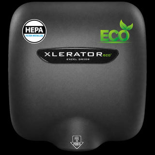 Excel Dryer XL-GR-ECO-H XLERATOR hand dryer featuring a graphite textured finish with a dark gray curved housing,surface mounted design,and integrated HEPA filtration system. The automatic sensor activated unit offers a modern commercial appearance while providing energy efficient no heat hand drying for high traffic restroom environments.